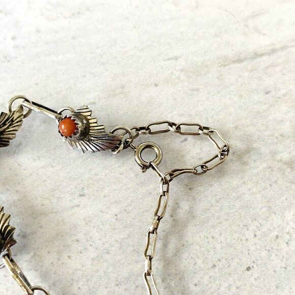 Delicate Feather Link Coral Cabochon Links Sterling Silver Bracelet Southwestern - Picture 4 of 4